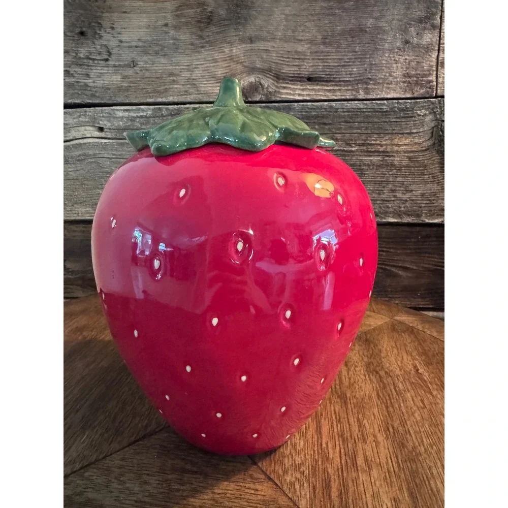 Large Ceramic Strawberry Cookie Jar Red Kitschy Kitchen Decor Storage Canister